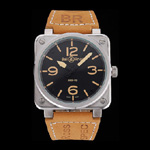 Bell Ross BR 01-92 Black Dial Silver Case Gold Numerals Brown Leather Strap BR5582