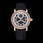 Cartier Rotonde Black And White Dial Gold Case With Jewels Black Leather Strap CTR6032