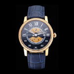 Swiss Cartier Rotonde Small Complication Blue Dial Gold Diamond Case Blue Leather Strap CTR6035