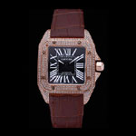 Swiss Cartier Santos Black Dial Diamonds Case Brown Leather Bracelet CTR6077